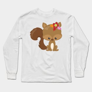 Spring Animals, Cute Squirrel, Colorful Flowers Long Sleeve T-Shirt